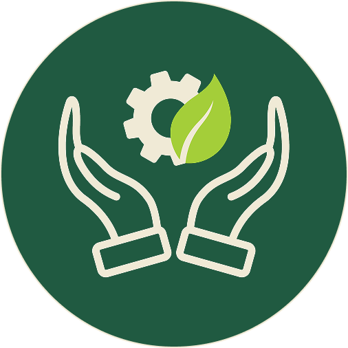 Icons of hands holding a leaf and a gear cog